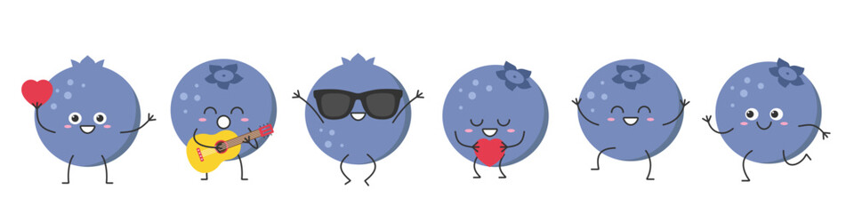 Blueberry set cute character cartoon delicious berry greet jump love run sing smile face cheerful kawaii joy happy emotions icon vector illustration.