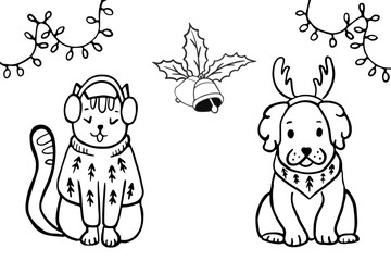 Cat and dog celebrate christmas in a sweater, scarf and headphones. Decorated with garlands and bells. Postcard in doodle style for a pet shop.