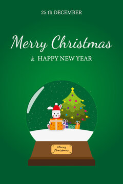 Christmas rabbit with a gift near the Christmas tree in a glass glode on a green background