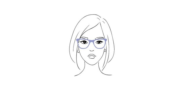 Girl and glasses. Drawn drawing. Various eyeglass frames. Vision correction. Fashion accessory. Face type. Point selection. Optics. Score. Business woman. White background.