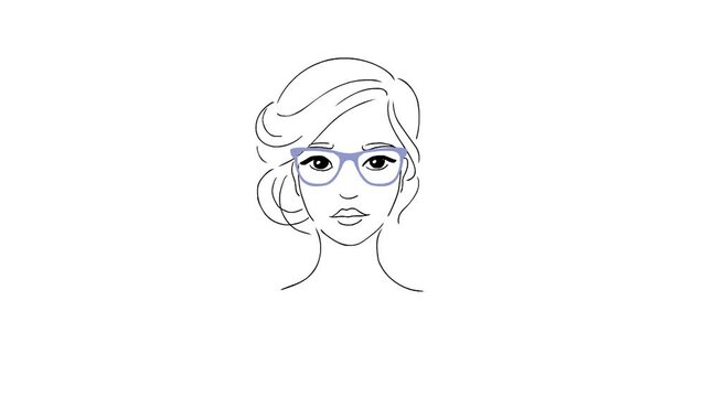 Girl and glasses. Drawn drawing. Various eyeglass frames. Vision correction. Fashion accessory. Face type. Point selection. Optics. Score. Business woman. White background.
