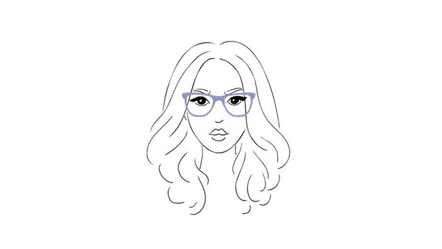 Girl and glasses. Drawn drawing. Various eyeglass frames. Vision correction. Fashion accessory. Face type. Point selection. Optics. Score. Business woman. White background.