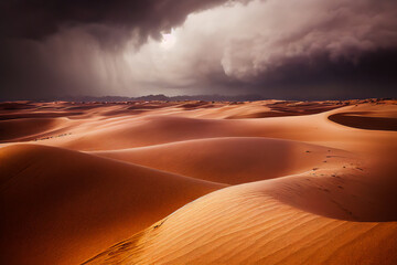Landscape of a thunderstorm and rain on a sandy desert of the Sahara type. The meteorology of the dry zones of Africa is complex. Beautiful black clouds. 3D illustration. - obrazy, fototapety, plakaty