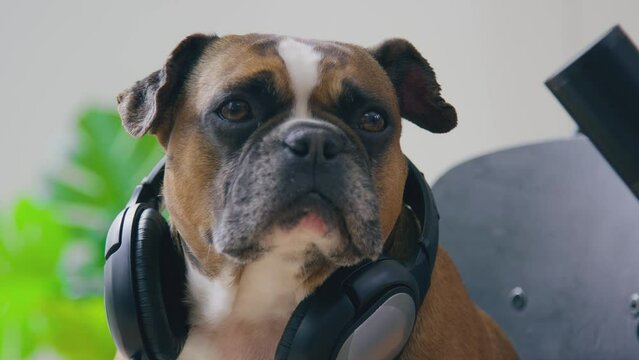 Funny shot of pet French Bulldog recording podcast wearing headphones and sitting behind microphone in studio at home - shot in slow motion