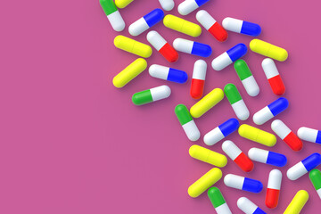 Fototapeta na wymiar Lot of pills scattered on pink background. Concept of healthcare and medical. Dosage of medications and vitamins. Copy space. Top view. 3d render