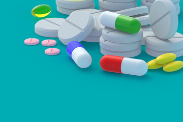 Different pills scattered on turquoise background. Concept of healthcare and medical. Dosage of medications and vitamins. Copy space. 3d render