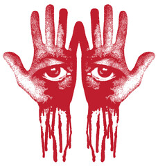 two human hands with eyes in the form of a face and drops of blood. Vector banner on the theme of occultism or alchemy with eyes on open palms - obrazy, fototapety, plakaty