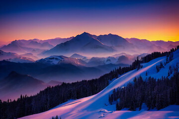 Calm and soothing winter landscape with a view of snow-capped mountains. Snow is everywhere, silent and covering the trees in front of a colorful sunset.