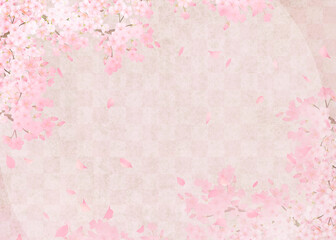 Fototapeta na wymiar 美しい桜ーピンク色ー市松模様ー和紙の壁紙ー豪華絢爛背景素材フレーム