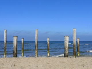 View over the Dutch Beach of Petten. Palendorp, wooden poles.