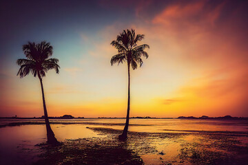 Obraz na płótnie Canvas The idyllic landscape of beach and palm tree silhouette against a beautiful sunset is an invitation to travel to the tropics and the islands. 3D illustration.