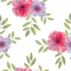 Watercolor bouquet, seamless botanical pattern. Flowers and leaves collected in a seamless pattern for design.