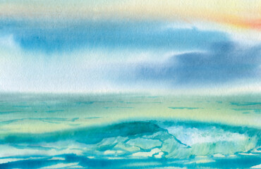 Naklejka na ściany i meble Abstract sea landscape. Watercolor sea with a wave in the foreground.
