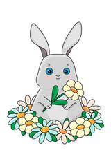 A gray bunny with a flowers on a white background. Vector illustration