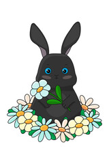 A black bunny with flowers on a white background. Vector illustration