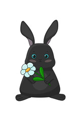 A black bunny with a flower on a white background. Vector illustration