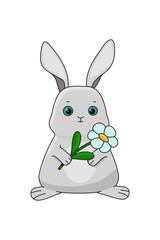 A gray bunny with a flower on a white background. Vector illustration
