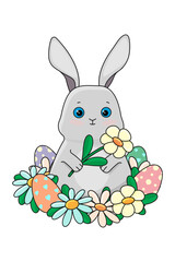 Easter gray bunny with flowers and eggs on a white background. Vector illustration