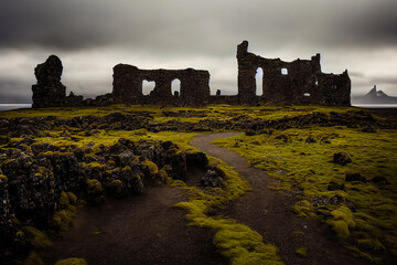 A Scottish castle by the sea ruins offer a feeling of escape and freedom in the north of Europe. The rocks and walls are old and cold, but the landscape gives a sense of hope. 3D illustration.