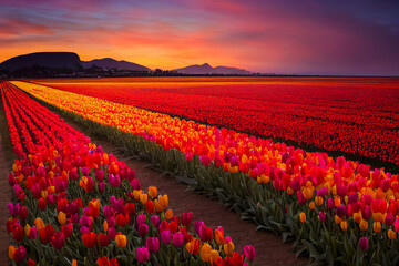 A colorful landscape of a typical Dutch tulip culture is displayed under a sunny layer. The beautiful light shines on the alternating colors of the flowers. 3D illustration.