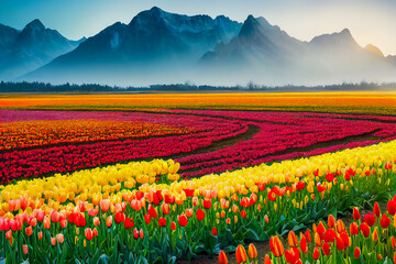 A beautiful landscape of tulips occurs under a sunny layer and a mountain. The vibrant colors of the flowers are sharply contrasted against the dark background, giving the image a 3D feel.