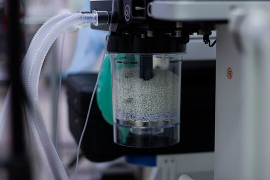 Part of the anesthesia machine in the operating room with a container with an adsorbent. Anesthetic equipment in working condition in a medical center in surgery.