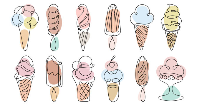 A set of contour drawings of various types of ice cream. Black line with color. Food illustration, vector