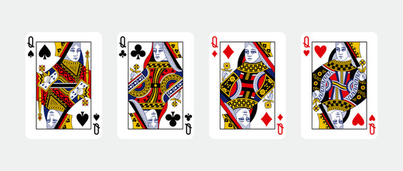 Four queen in a row - Playing Cards, Isolated on white - obrazy, fototapety, plakaty