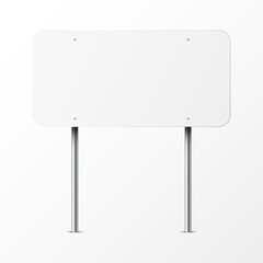 Obraz premium Realistic white traffic sign on metal pole. Rectangular blank highway empty board with place for text. Directional wayfinder, signage symbol. Mockup for your design. Vector illustration