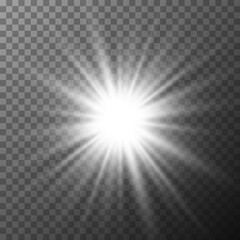 Realistic white starburst lighting isolated on transparent background. Glowing light burst explosion. Bright star illuminated. Glowlight effect. Flare effect decoration with ray sparkles. Vector