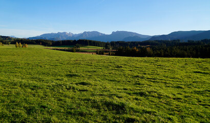 hiking trail overlooking scenic alpine lake Attlesee and the vast, lush, green meadows in the Bavarian Alps, Nesselwang, Allgaeu or Allgau, Germany	