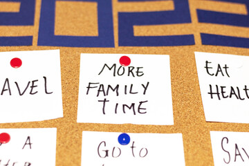 Close up of white papers with resolutions for the year 2023 on a cork board. Text: More family time.