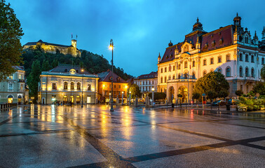 Fototapeta premium Evening view of the University and houses in old town. Ljubljana is the capital of Slovenia.