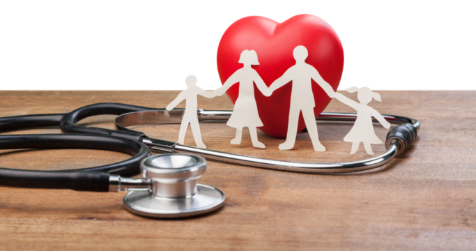 Family paper silhouette and stethoscope on wooden desk