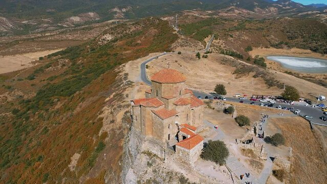 Drone view of the Jvari Monastery from where you can enjoy a breathtaking view of Mtskheta and the confluence of the Mtkvari and Aragvi rivers.