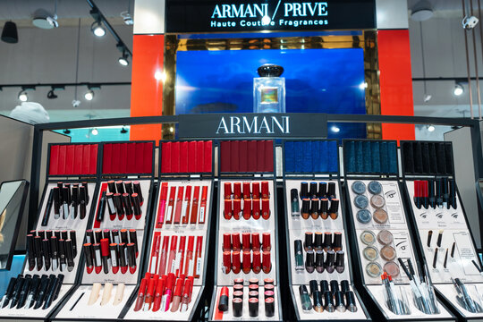 Giorgio Armani cosmetics collection on display in the store. Minsk, Belarus, 2022