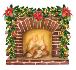 Christmas fireplace. Watercolor hand drawn