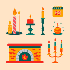 Christmas traditional candlelights. Candles in candlesticks and chandeliers set. Fireplace illustration