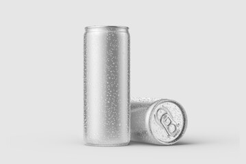 Two aluminium drink can 250ml with water drops mockup template, isolated on light grey background. High resolution.