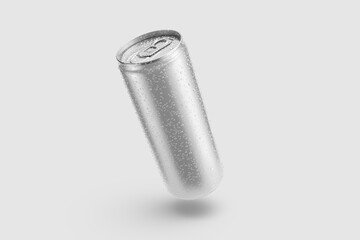 Aluminium drink can 250ml with water drops mockup template, isolated on light grey background. High resolution.