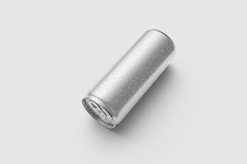 Aluminium drink can 250ml with water drops mockup template, isolated on light grey background. High resolution.