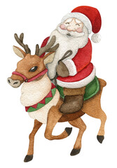 Cute Santa Claus and deer. Watercolor hand drawn