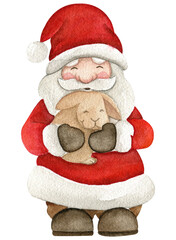 Cute Santa Claus and rabbit. Watercolor hand drawn