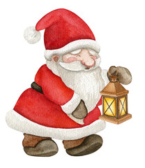 Cute Santa Claus with lantern. Watercolor hand drawn