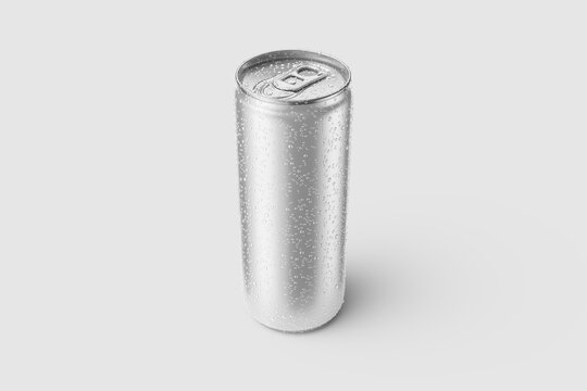 Aluminium Drink Can 250ml With Water Drops Mockup Template, Isolated On Light Grey Background. High Resolution.