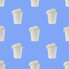 paper cup with plastic lid on a blue background, seamless pattern.