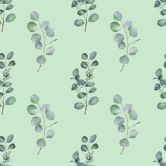 Seamless background with green leave doodles on bright green background. Luxury pattern for creating textiles, wallpaper, paper. Vintage. Romantic floral Illustration