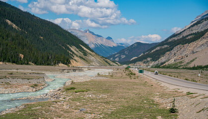 Icefields Parkway and river from near Athabasca glacier parking
