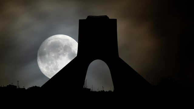 Shahyad Tower or Azadi Monument by Night, Time Lapse with Full Moon, Tehran, Iran