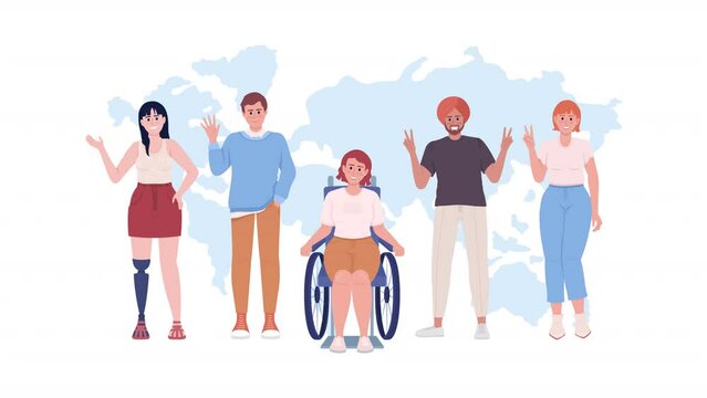 Animated diversity characters. Friends group against world map. Full body flat people HD video footage with alpha channel. Color cartoon style illustration on transparent background for animation